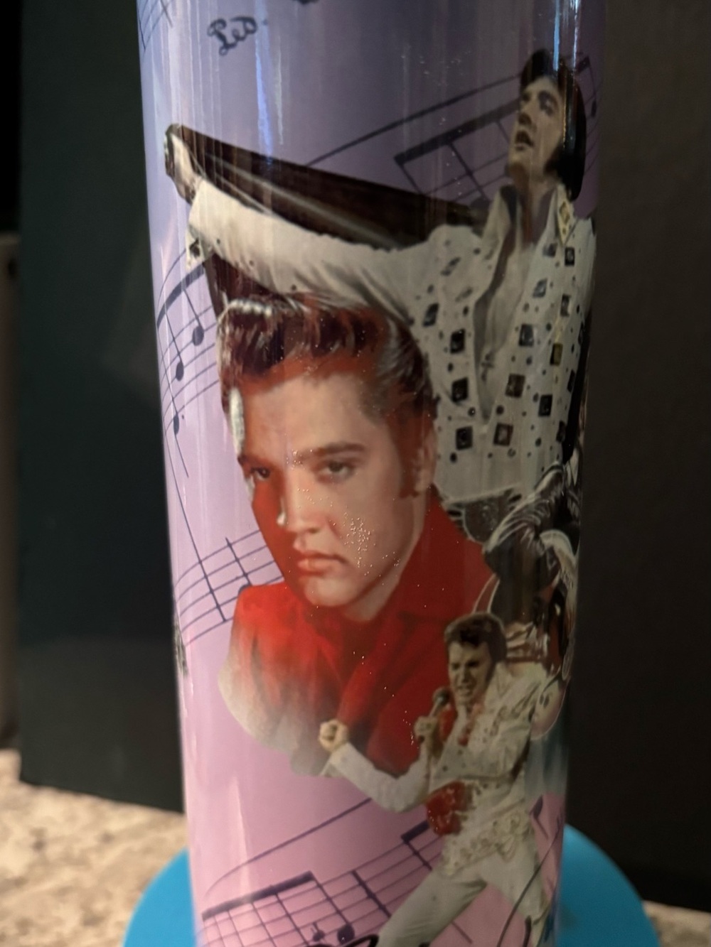 ELVIS Hand Crafted Lavender Music-Note Travel Tumbler with Retro Portraits